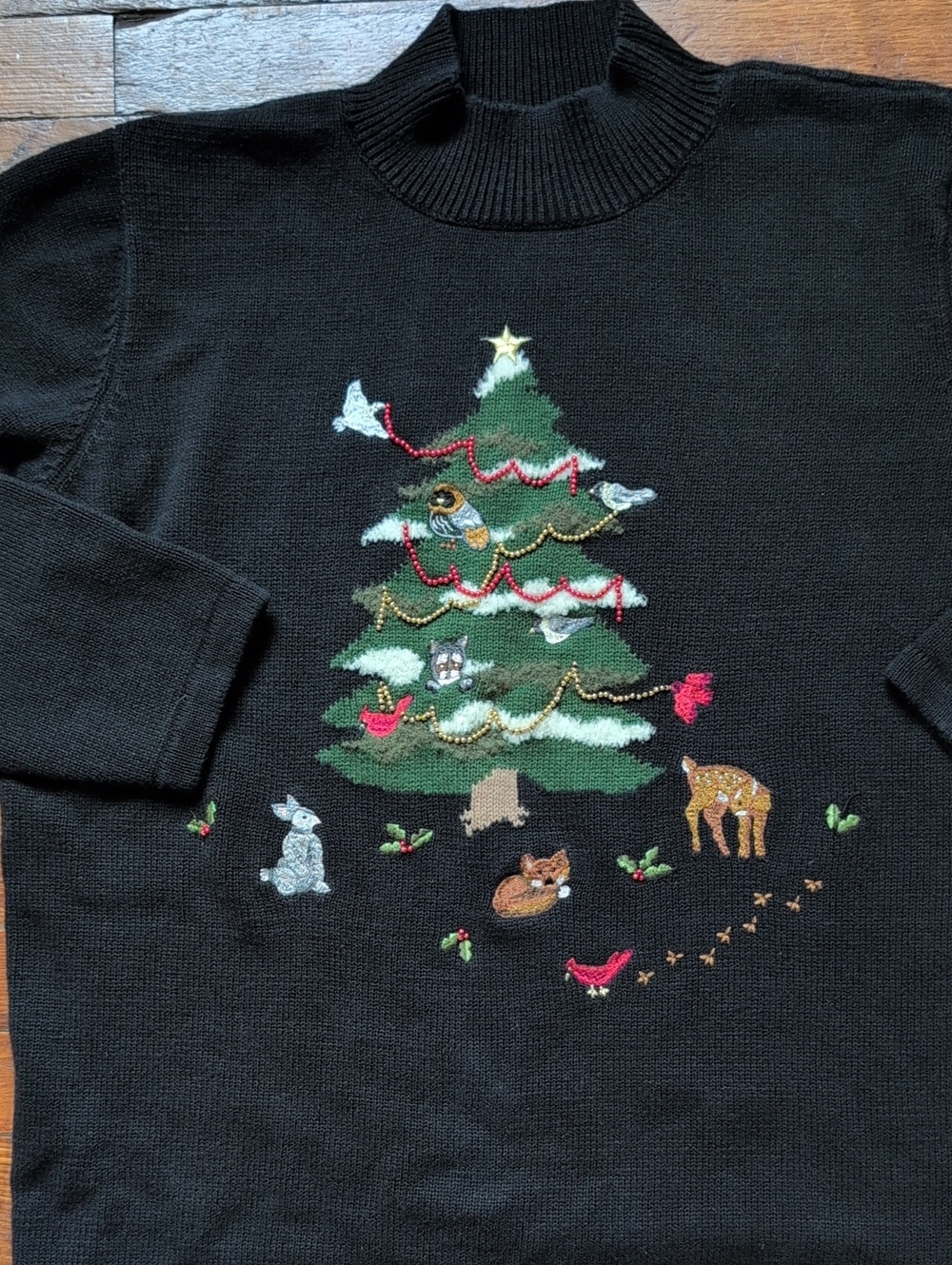Vintage Women's Holiday Ugly Christmas Tree Sweater Woodland Animals